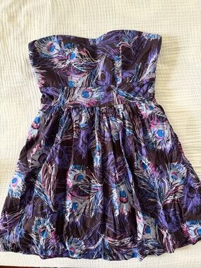 Forever 21 Girls' Strapless Peacock Feather Print Dress in Purple and Blue
